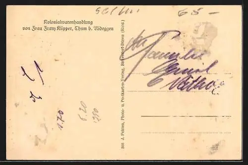 AK Thum b. Nideggen, Kolonialwaren-Handlung Frau Franz Küpper, Kirche, Gesamtansicht