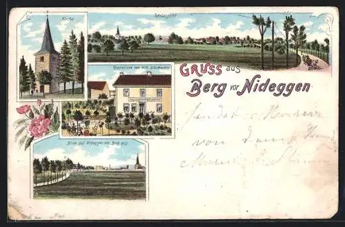 Lithographie Berg / Nideggen, Restaurant Rosenflora, Kirche, Gesamtansicht