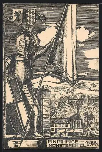 Künstler-AK Münstereifel, Absolvia 1908, Ritter in Rüstung mit Wappen
