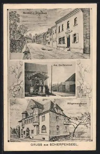 Künstler-AK Scherpenseel, Gasthof J. Kirschwink, Am Dorfbrunnen, Bürgermeisteramt