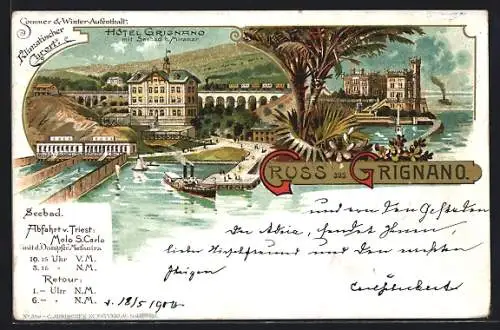 Lithographie Trieste, Hotel Grignano mit Seebad b. Miramar, Dampfer