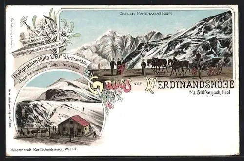 Lithographie Ferdinandshöhe a. d. Stilfserjoch, Restaurant Dreisprachen-Hütte, Ortler Panorama mit Pferdewagen