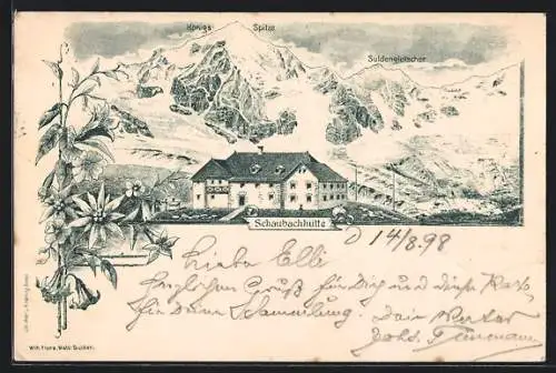 Lithographie Schaubachhütte, Blick auf die Hütte mit Königsspitze und Suldengletscher