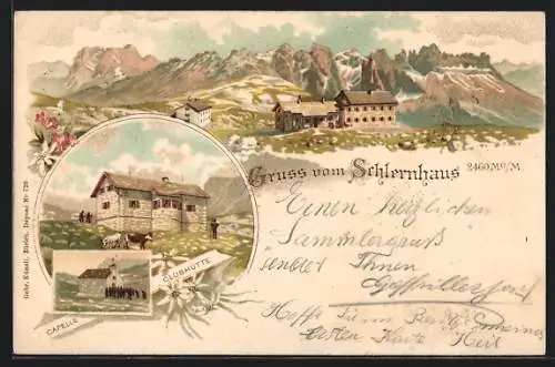 Lithographie Schlernhaus, Capelle, Clubhütte, Panorama