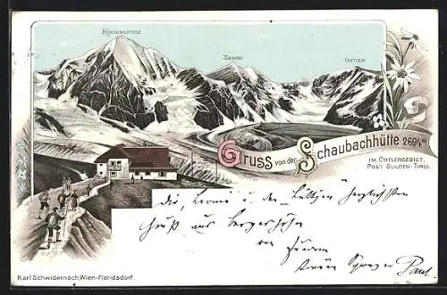 Lithographie Schaubachhütte im Ortlergebiet mit Königsspitze und Ortler