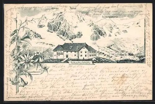 Lithographie Schaubachhütte, Blick auf die Hütte mit Königsspitze und Suldengletscher