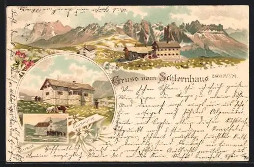 Lithographie Schlernhaus, Capelle, Clubhütte, Panorama