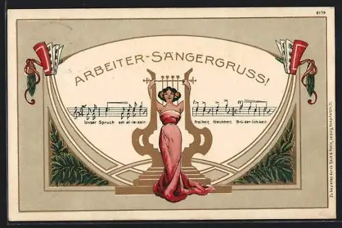 Künstler-AK Karlsruhe, 8. Bad. Bundes-Sängerfest 1908, Tänzerin mit Harfe und Liedtext