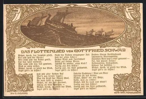 Künstler-AK sign. J. V. Cissarz: Kriegsschiffe in Fahrt, Das Flottenlied von Gottfried Schwab, Jugendstil