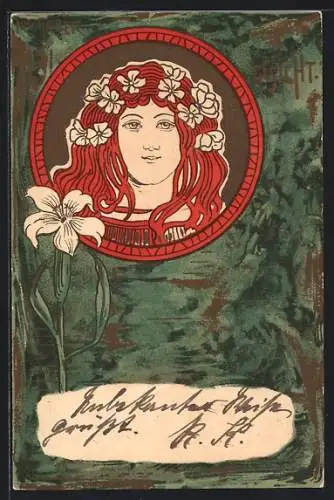 Künstler-AK sign. Jos. Gaber: La vue, Das Sehen, Frau mit Blumen im Haar, Jugendstil