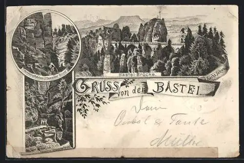 Vorläufer-Lithographie Bastei /Sächs. Schweiz, 1893, Bastei-Brücke, Freundschaftsfelsen und Felsenthor