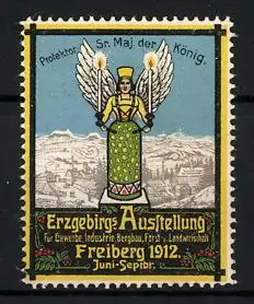 Reklamemarke Freiberg i. S., Erzgebirgs-Ausstellung 1912, Erzengel & Ortspanorama