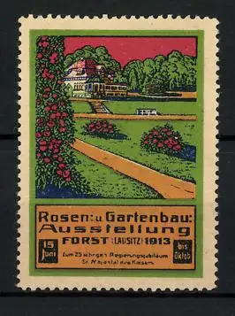 Reklamemarke Forst / Lausitz, Rosen- und Gartenbau-Ausstellung 1913, Park mit Villa