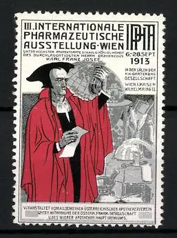 Reklamemarke Wien, II. Internationale Pharmazeutische Ausstellung 1913, Gelehrter mit Reagenzglas und Globus