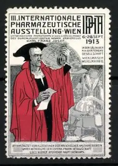 Reklamemarke Wien, II. Internationale Pharmazeutische Ausstellung 1913, Gelehrter mit Reagenzglas und Globus
