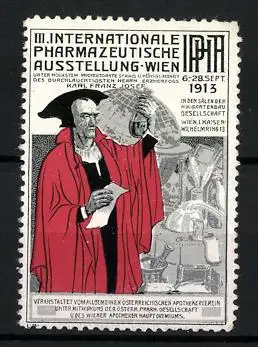 Reklamemarke Wien, II. Internationale Pharmazeutische Ausstellung 1913, Gelehrter mit Reagenzglas und Globus