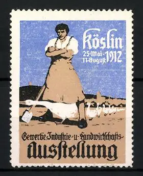 Reklamemarke Köslin, Gewerbe-, Industrie- und Landwirtschafts-Ausstellung 1912, Gänsebauer auf dem Feld
