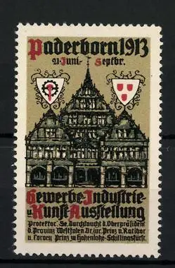 Reklamemarke Paderborn, Gewerbe-, Industrie- und Kunstausstellung 1913, Gebäude und Wappen