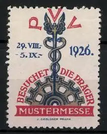 Reklamemarke Prag, Mustermesse 1926, Hermesstab und Messelogo PVV