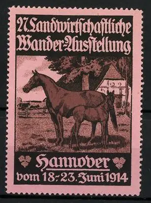 Reklamemarke Hannover, 27. Landwirtschaftliche Wander-Ausstellung 1914, Stute mit Fohlen, Pferd