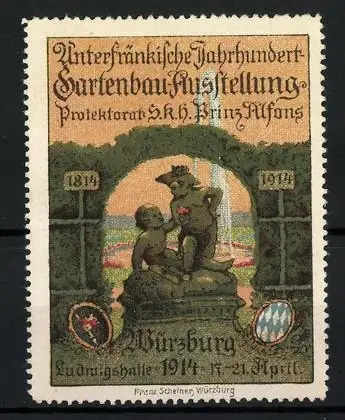 Reklamemarke Würzburg, Unterfränkische Jahrhundert-Gartenbau-Ausstellung 1914, 1814-1914, zwei nackte Buben, Wappen