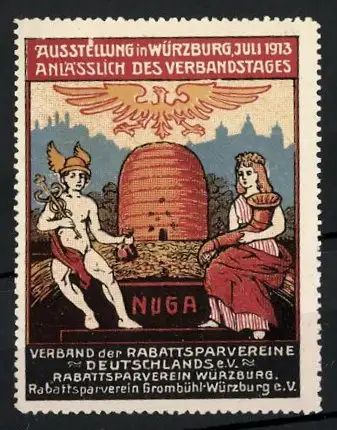 Reklamemarke Würzburg, Ausstellung NUGA 1913, Göttin und Hermes vor einem Bienenstock sitzend