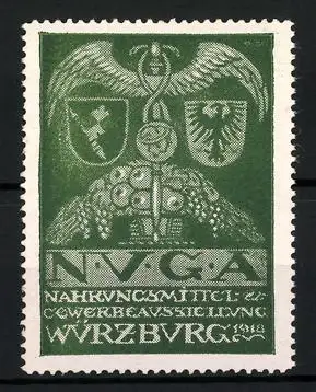 Reklamemarke Würzburg, Nahrungsmittel- und Gewerbeausstellung NUGA, 1918, Stab mit Flügeln, Wappen