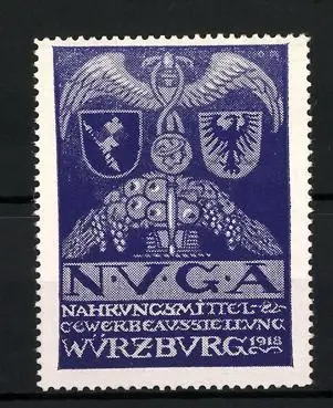Reklamemarke Würzburg, Nahrungsmittel- und Gewerbeausstellung NUGA, 1918, Stab mit Flügeln, Wappen