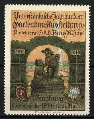 Reklamemarke Würzburg, Unterfränkische Jahrhundert-Gartenbau-Ausstellung 1914, 1814-1914, zwei nackte Buben & Wappen
