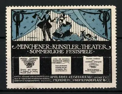Reklamemarke Münchener Künstler-Theater mit sommerlichen Festspielen, Paar auf einer Theaterbühne