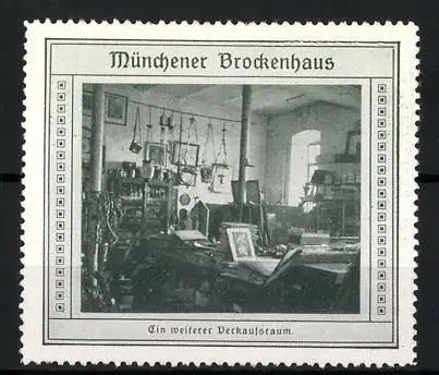 Reklamemarke Münchener Brockenhaus, Blick in einen Verkaufsraum