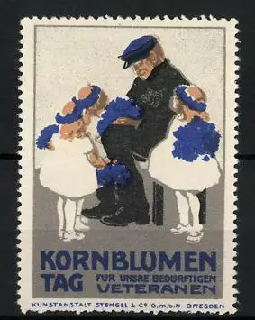 Reklamemarke Kornblumentag für unsere bedürftigen Veteranen, Mädchen schenken einem Veteranen Blumen
