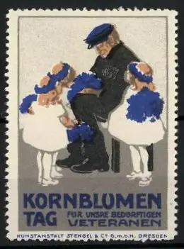 Reklamemarke Kornblumentag für unsere bedürftigen Veteranen, Mädchen schenken einem Veteranen Blumen