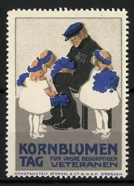 Reklamemarke Kornblumentag für unsere bedürftigen Veteranen, Mädchen schenken einem Veteranen Blumen