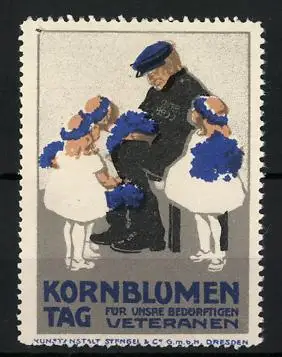 Reklamemarke Kornblumentag für unsere bedürftigen Veteranen, Mädchen schenken einem Veteranen Blumen