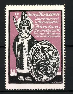 Künstler-Reklamemarke J. Wurstl, Buchdruckerei Georg Käsbohrer, München, Nymphenburgstr. 145, Münchner Kindl mit Schild