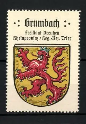 Reklamemarke Grumbach, Freistaat Preussen, Rheinprovinz, Reg.-Bez. Trier, Wappen