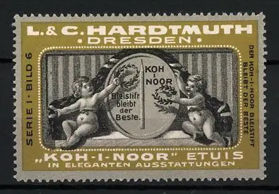 Reklamemarke Koh-I-Noor Etuis, L. & C. Hardtmuth, Dresden, zwei nackte Buben mit Werbeschild, Serie 1, Bild 6