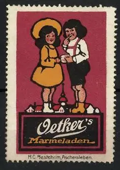 Reklamemarke Oetker's Marmeladen, Kinderpaar nascht aus einem Marmeladenglas