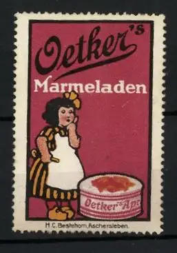 Reklamemarke Oetker's Marmeladen, Köchin steht vor einer Marmeladendose