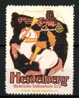 Reklamemarke Heidelberg, historische Schlossfeste, Knappe zu Pferd vor dem Schloss