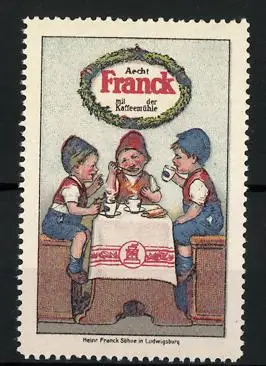 Reklamemarke Aecht Franck Kaffeezusatz mit der Kaffeemühle, Buben sitzen am Kaffeetisch