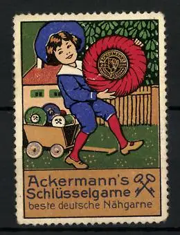 Reklamemarke Ackermann's Schlüsselgarne sind beste deutsche Nähgarne, Knabe mit Garnrollen im Bollerwagen