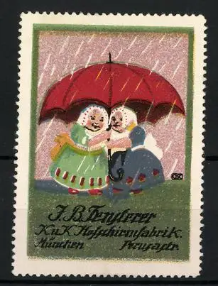 Reklamemarke K. u. K. Hofschirmfabrik J. B. Fensterer, München, zwei Mädchen unter einem Regenschirm