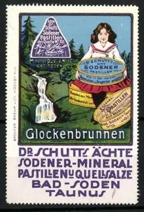 Reklamemarke Glockenbrunnen, Dr. Schutt's Ächte Sodener-Mineral-Pastillen u. Quellsalze, Bad Soden, Mädchen mit Dosen