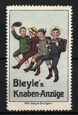 Reklamemarke Bleyle's Knaben-Anzüge, vier Buben in verschiedenen Anzügen