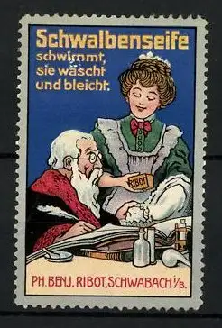 Reklamemarke Schwalbenseife der Fa. Ph. Benj. Ribot, Schwabach, Hausdame zeigt einem Professor ein Stück Seife