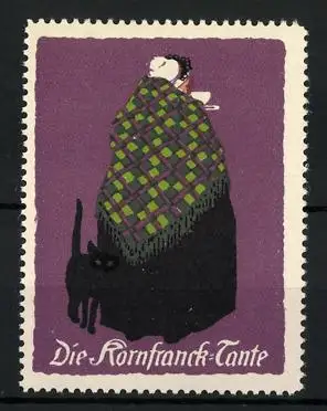 Künstler-Reklamemarke Ludwig Hohlwein, Portrait der Kornfranck-Tante mit Katze und Kaffeetasse