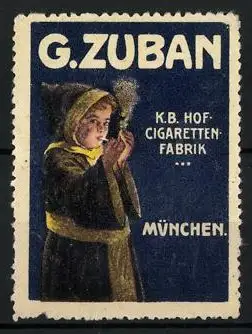 Reklamemarke Zuban-Cigaretten, Münchner Kindl zündet sich eine Zigarette an