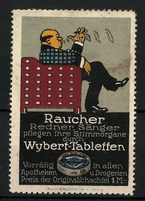 Reklamemarke Wybert-Tabletten, Stimmenpflege für Raucher, Redner und Sänger, Mann raucht eine Zigarre, Pillendose